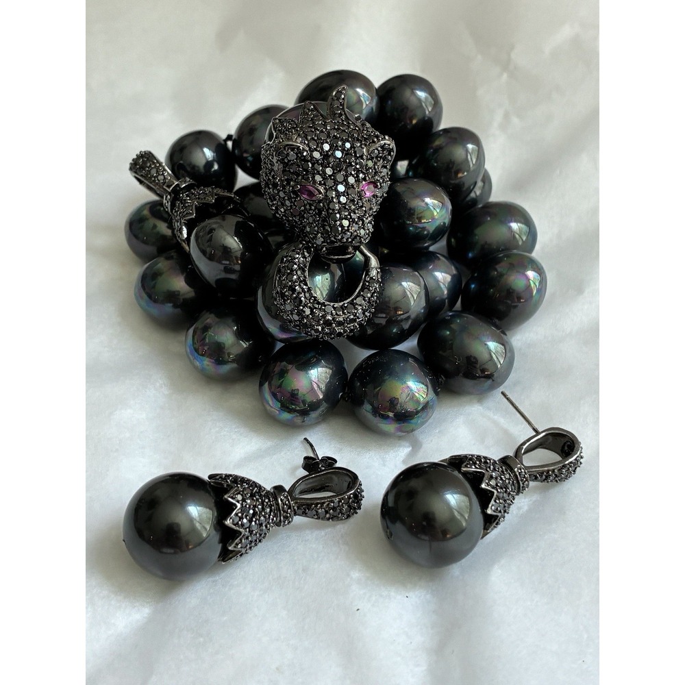 925 Black Diamond Ruby Panther Necklace Pearl Earrings Jewelry Set